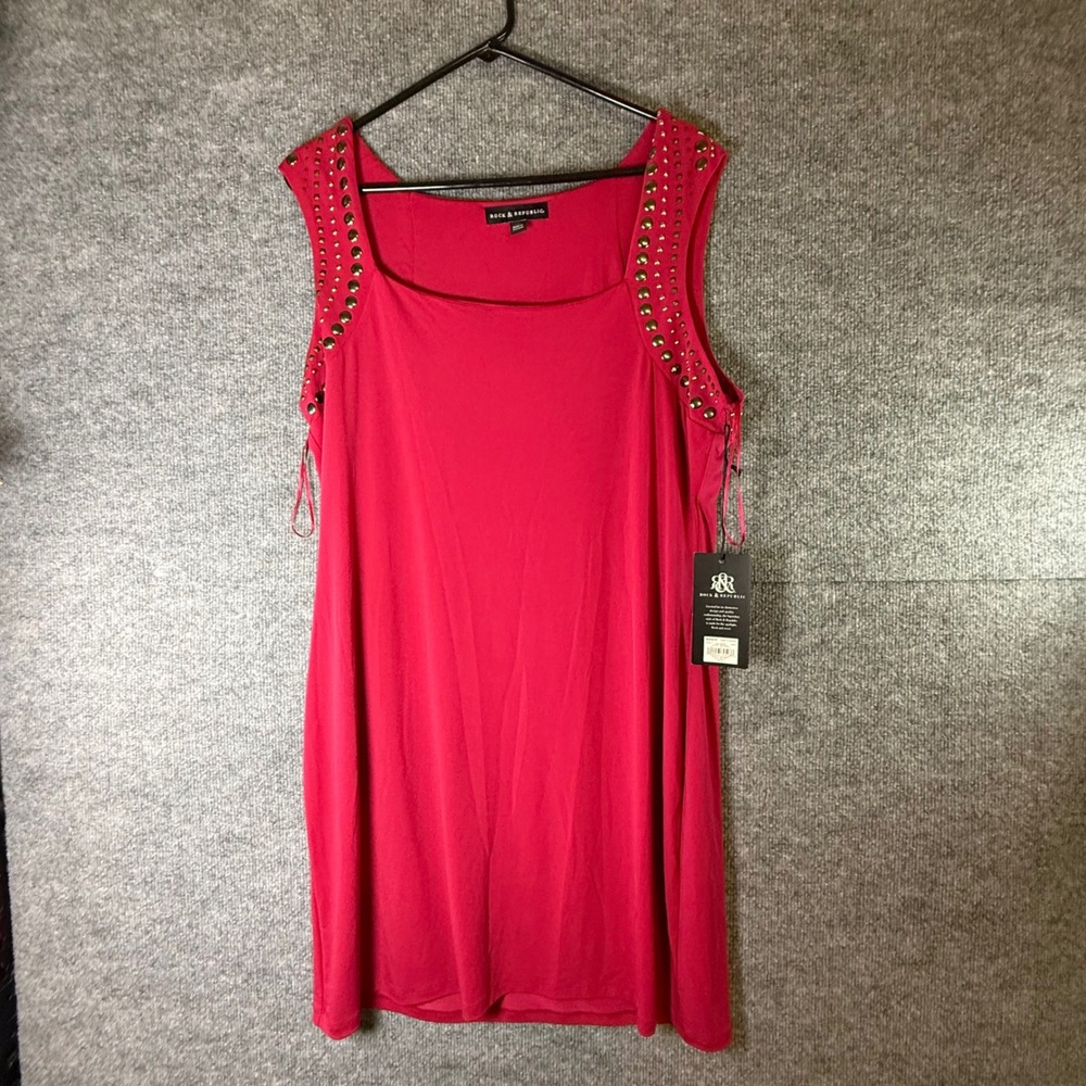 Rock & Republic Womens XL Cerise Pink Studded Square Neck Sleeveless Dress New